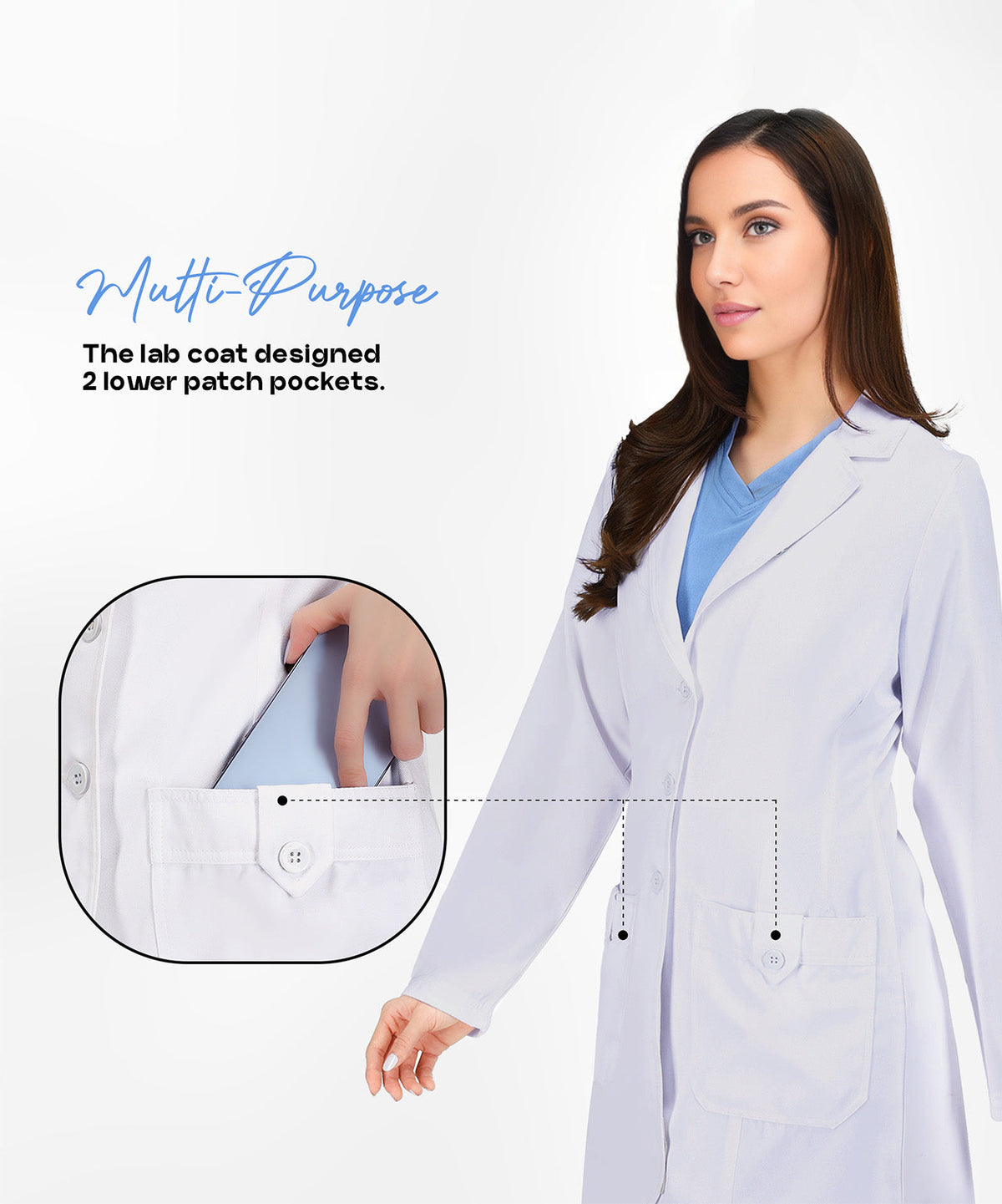 Women's Lab Coat with Side-Slit Access and 3 Pockets