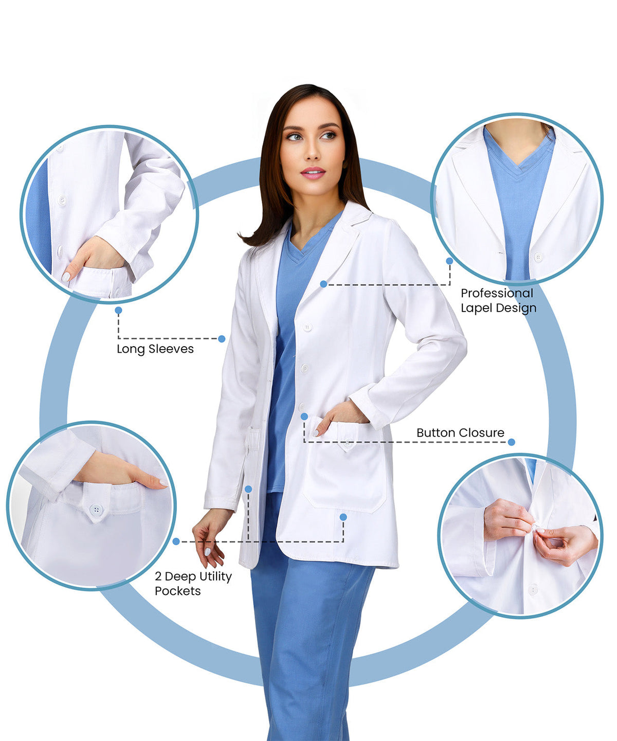 Women's Lab Coat with Side-Slit Access and 3 Pockets