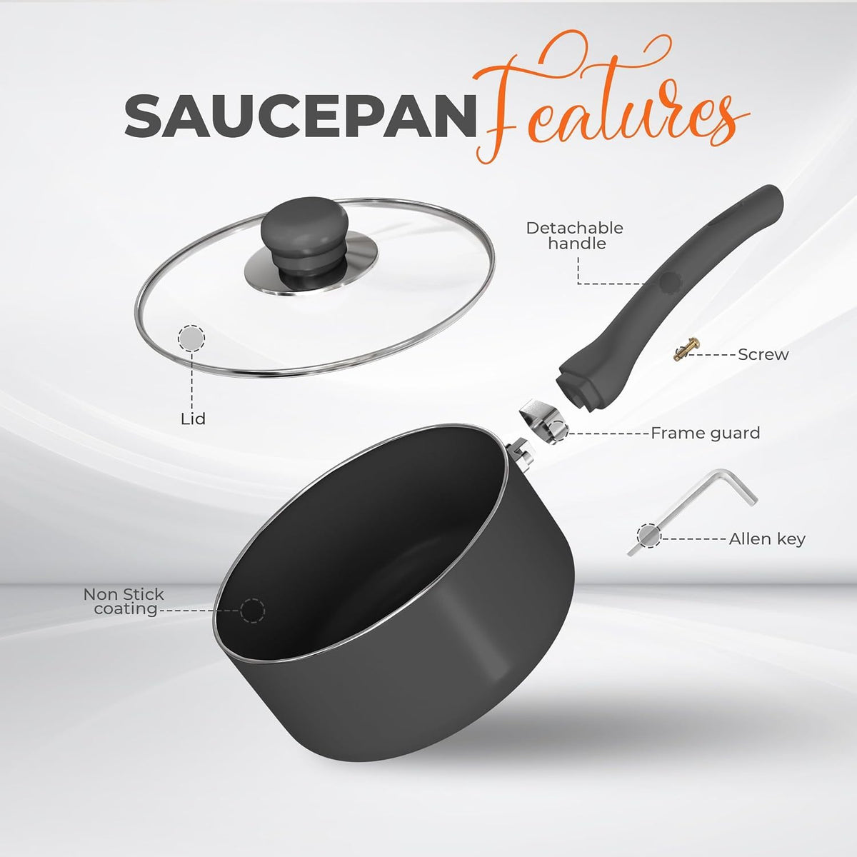 Nonstick Saucepan with Glass Lid & Detachable Handle
