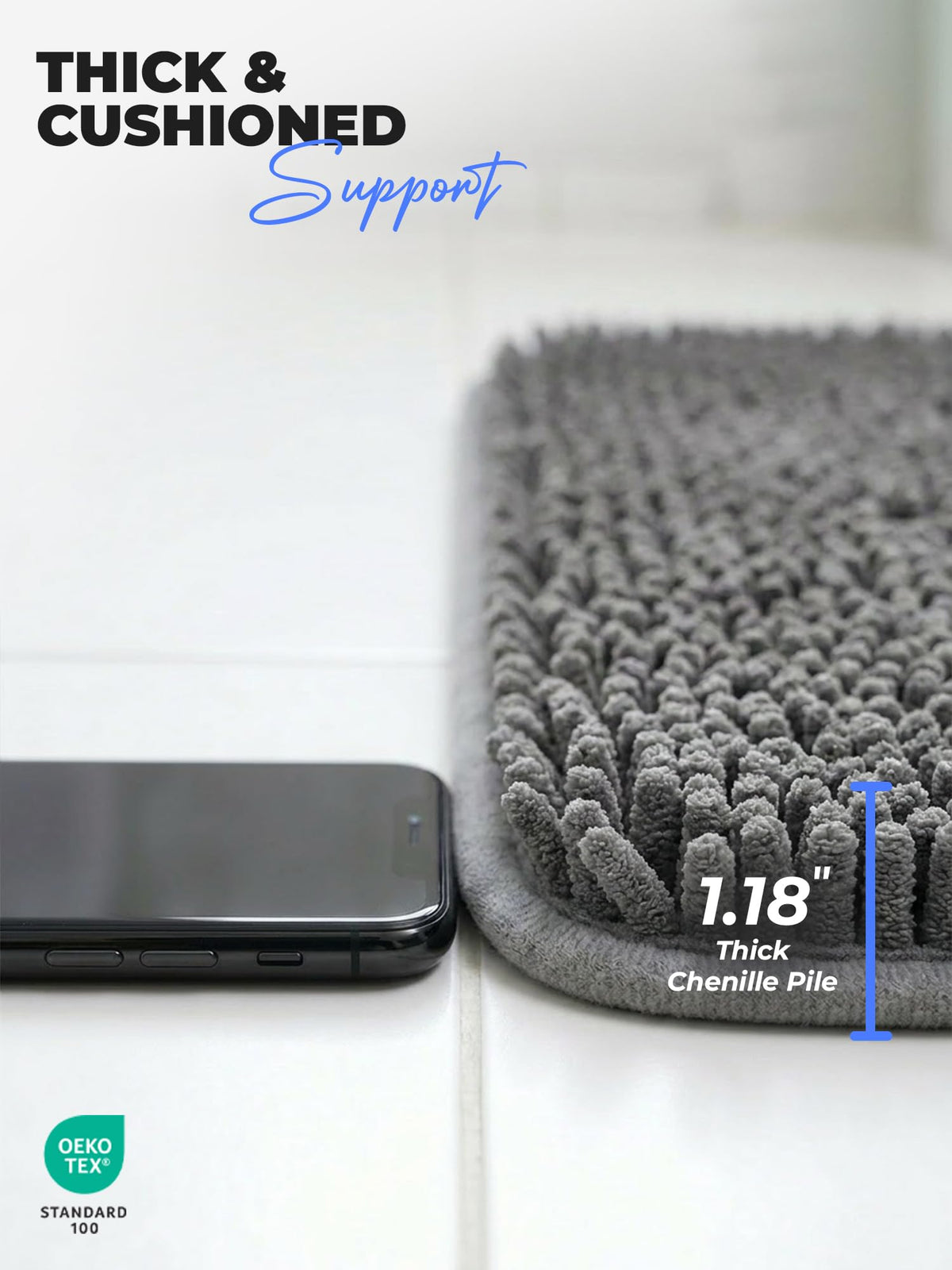 Chenille Bath Rug Mat for Bathroom, 24x17 Inch, Grey