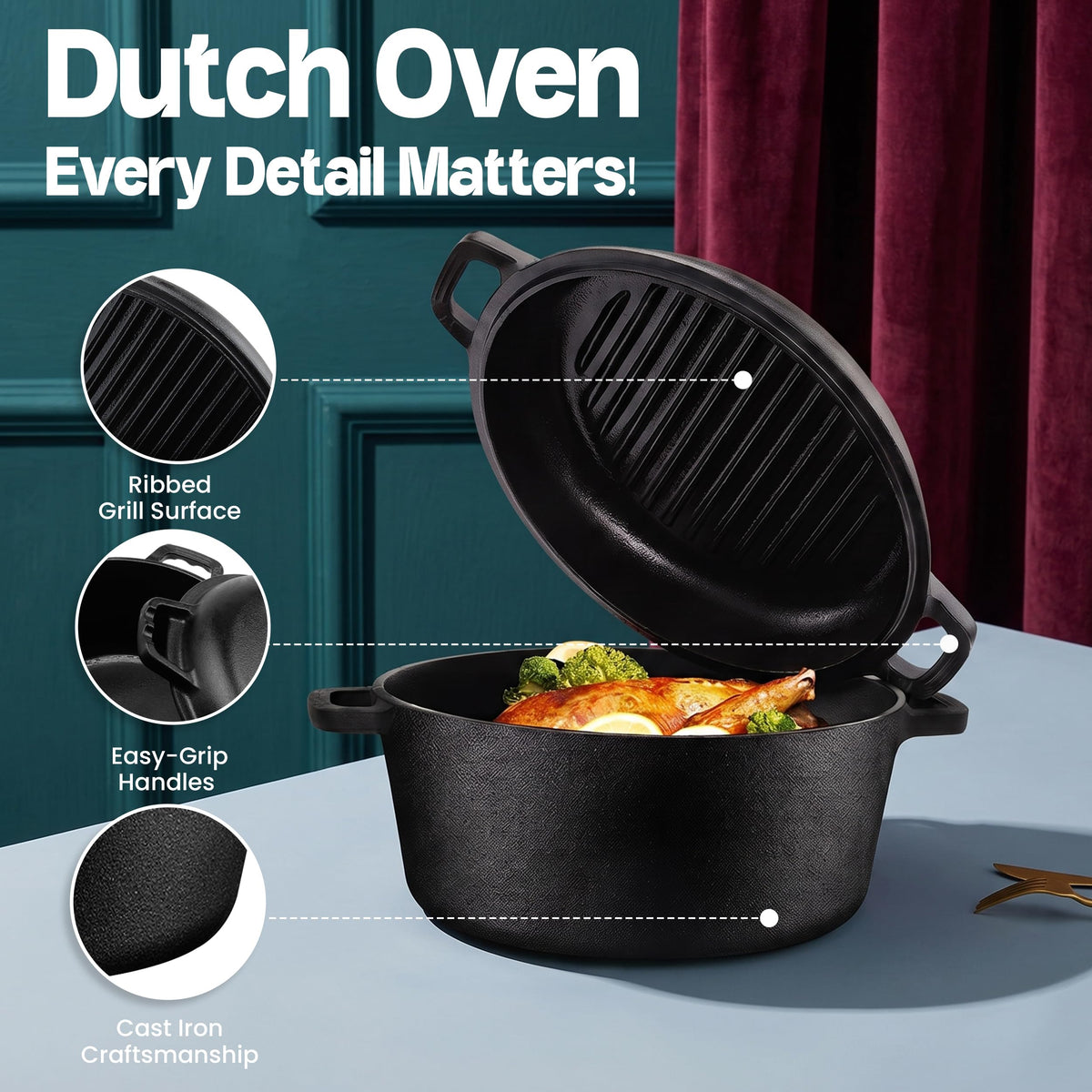 Pre-Seasoned Cast Iron Dutch Oven with Skillet Lid, 5 qt