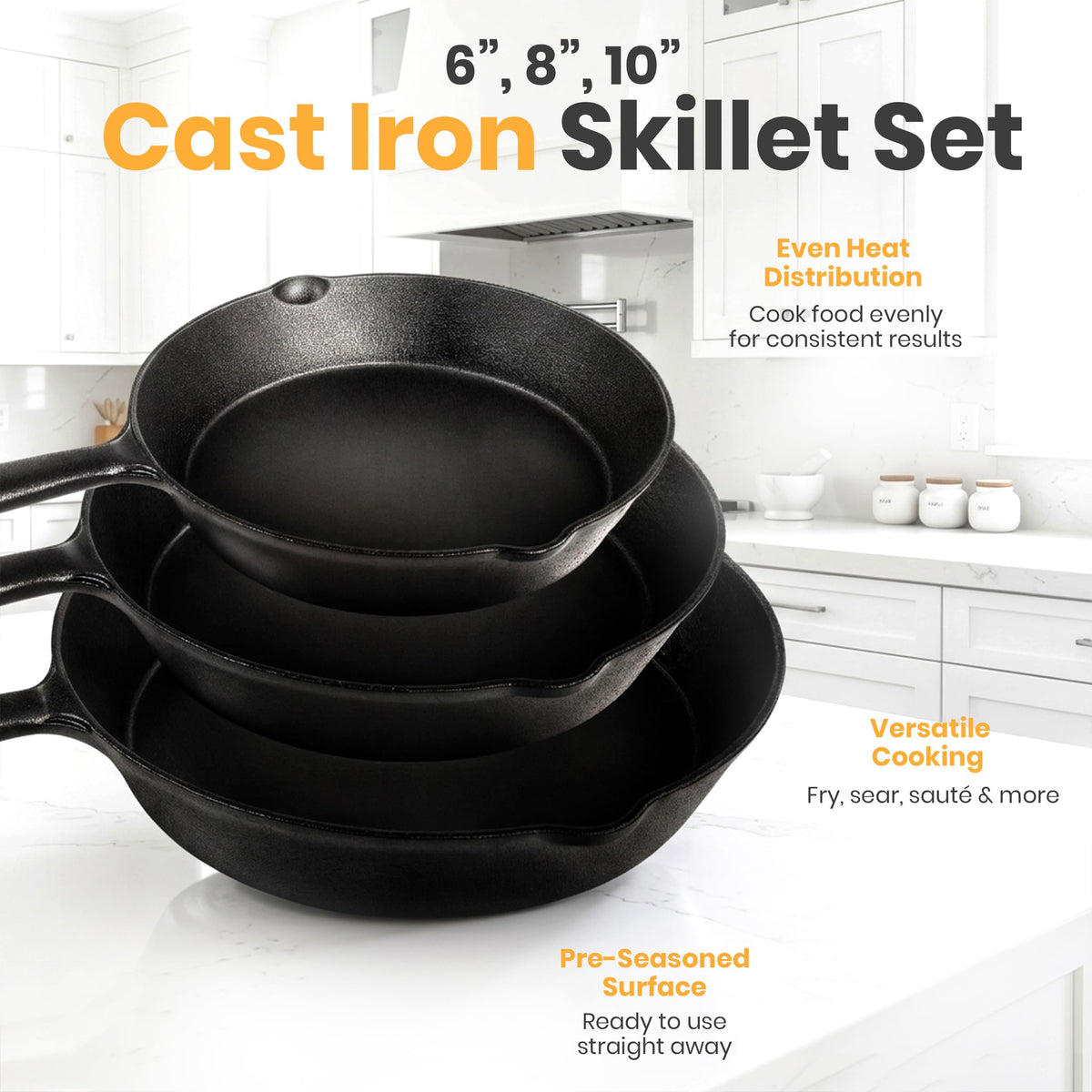 Pre-Seasoned Cast Iron Skillet Set, 3-Piece – 6, 8 & 10 in.