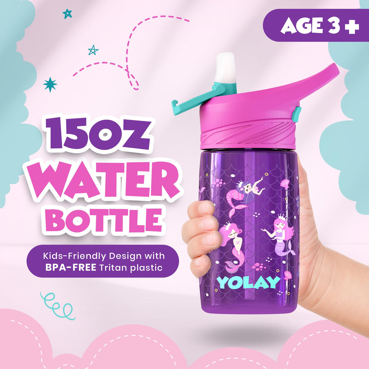 Yolay Kids Water Bottle 15 Oz Mermaid