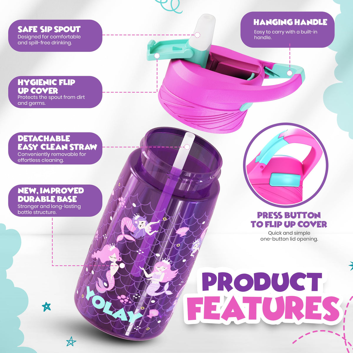 Yolay Kids Water Bottle 15 Oz Mermaid
