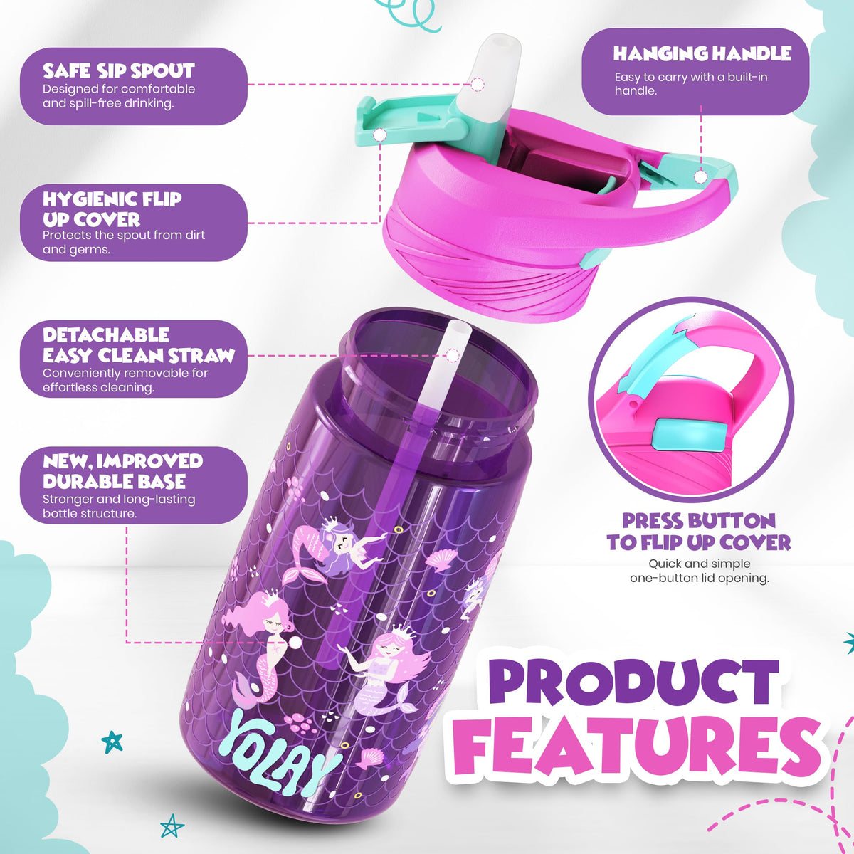 Yolay Kids Water Bottle 15 Oz Mermaid