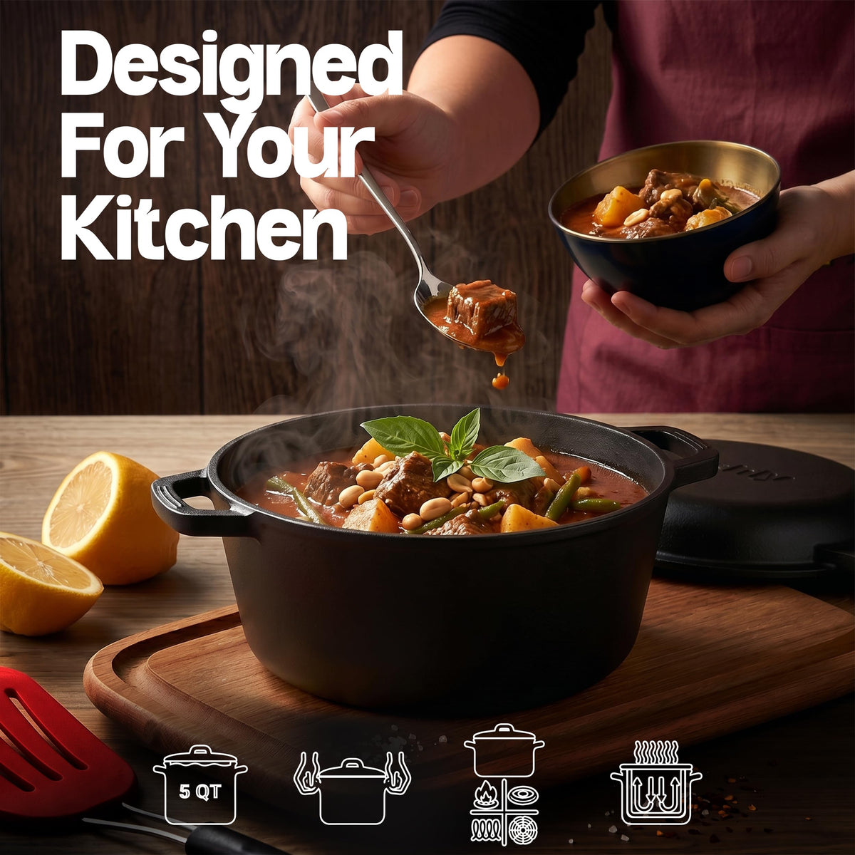 Pre-Seasoned Cast Iron Dutch Oven with Skillet Lid, 5 qt