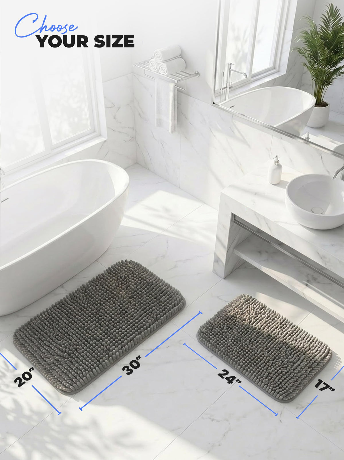 Chenille Bath Rug Mat for Bathroom, 24x17 Inch, Grey