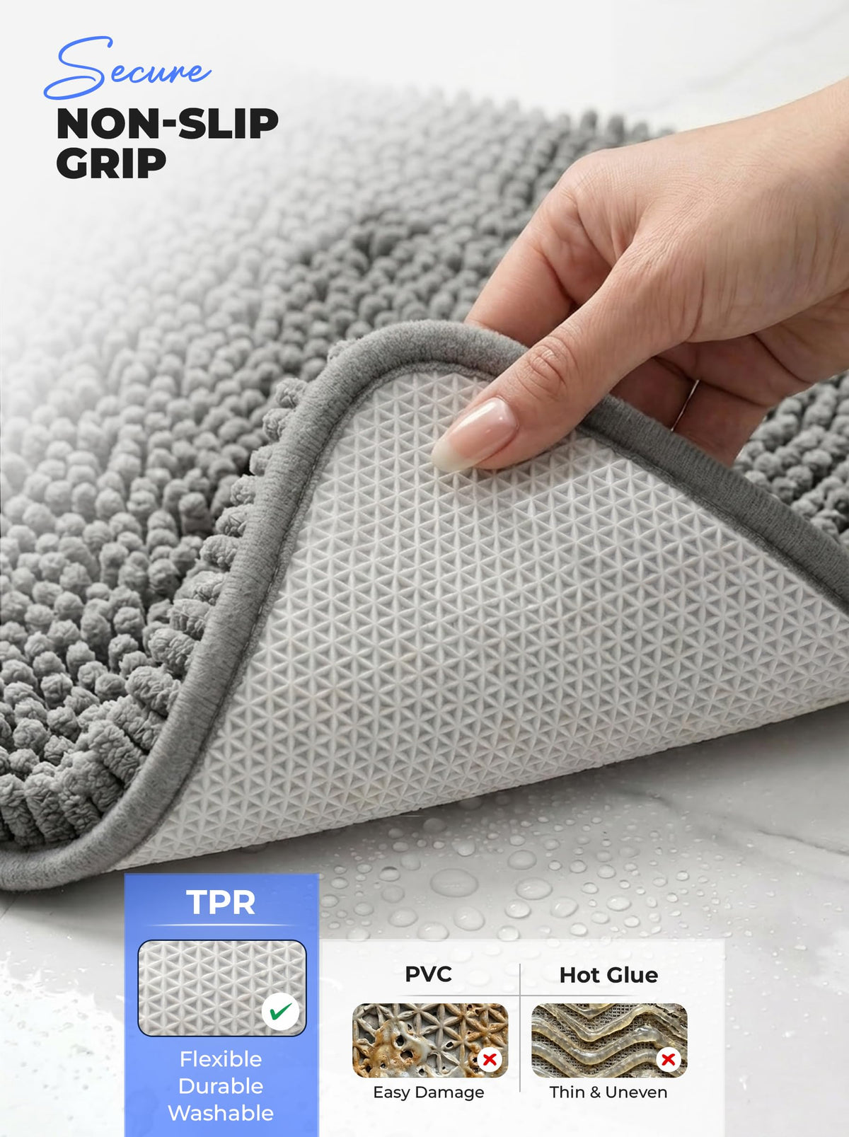 Chenille Bath Rug Mat for Bathroom, 24x17 Inch, Grey