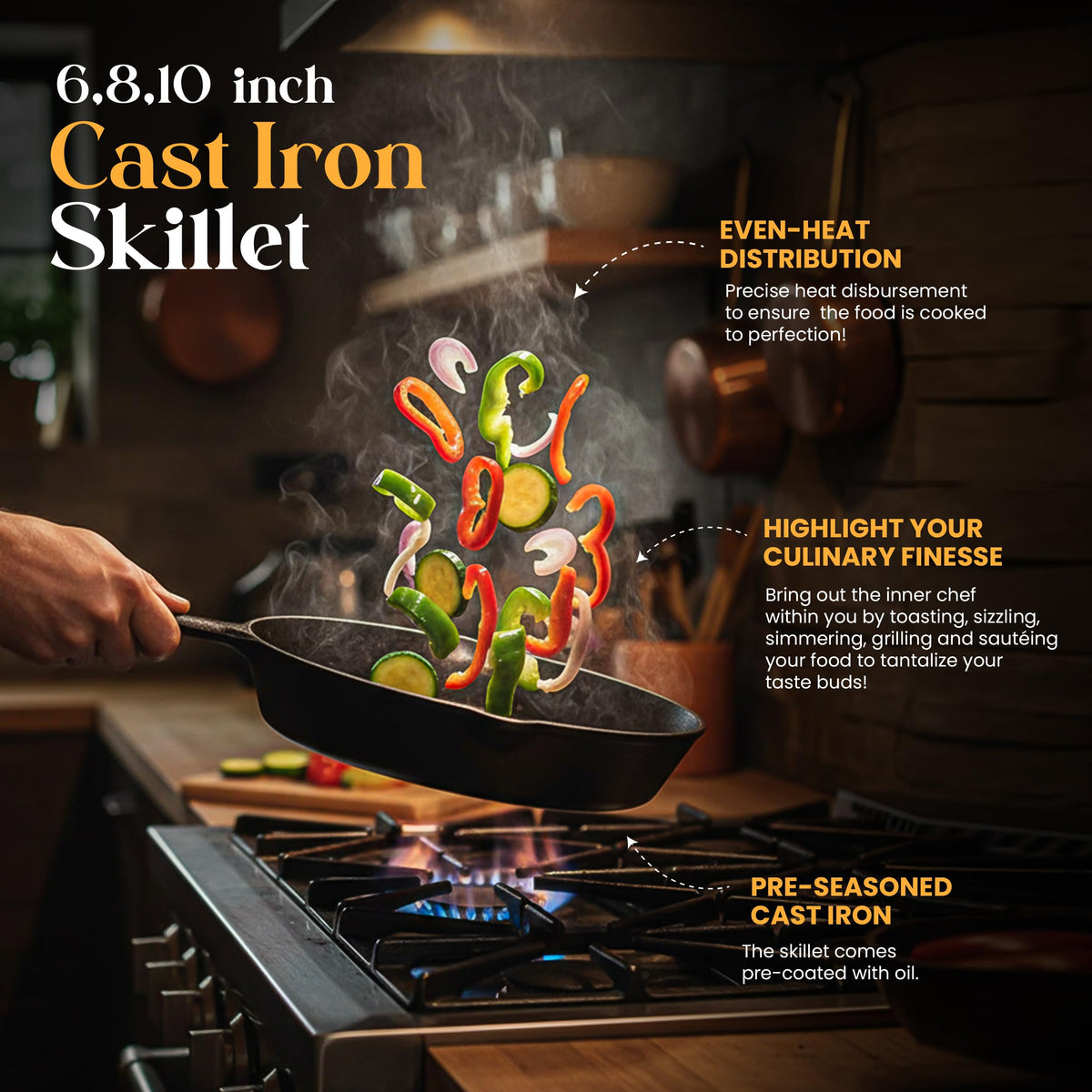 Pre-Seasoned Cast Iron Skillet Set, 3-Piece – 6, 8 & 10 in.