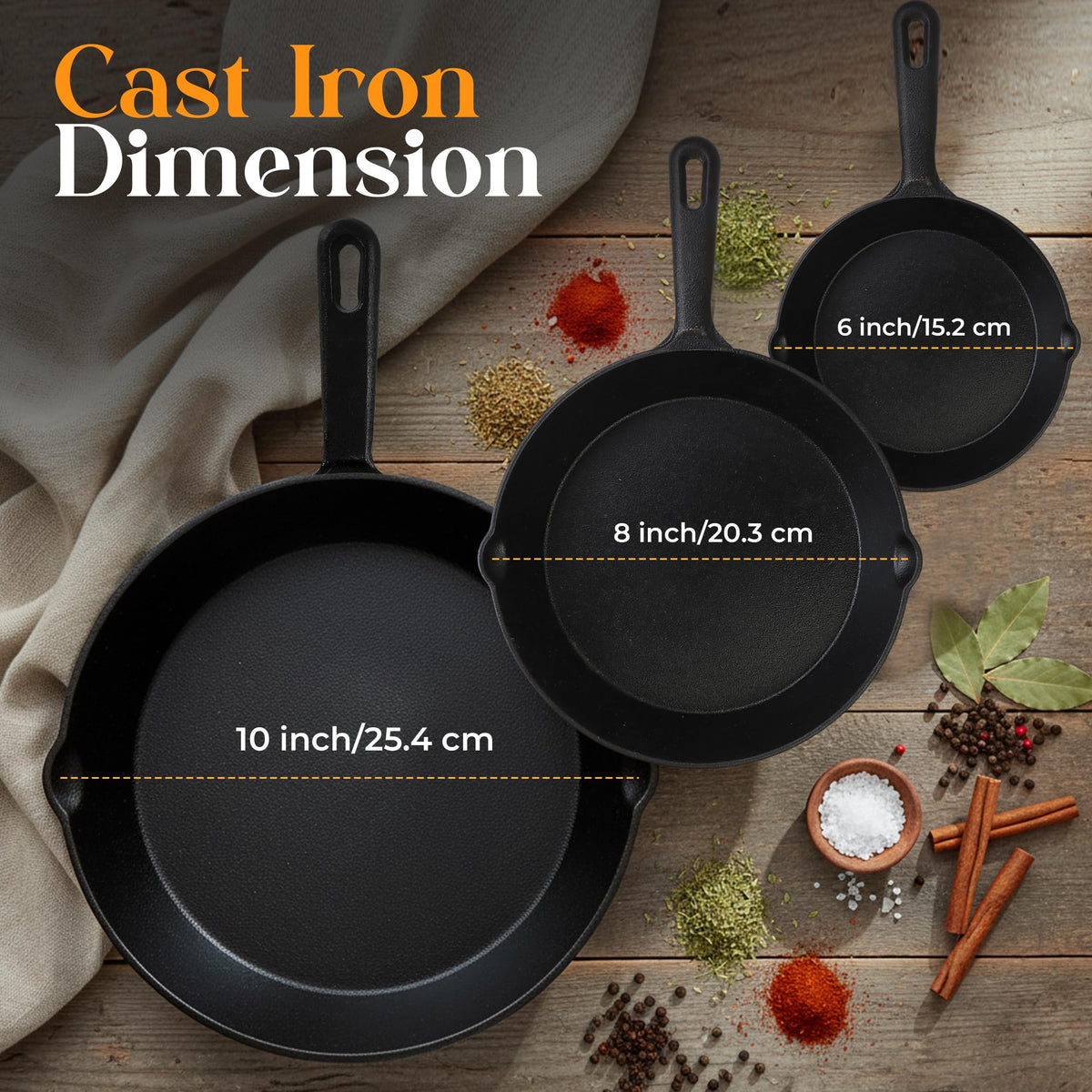 Pre-Seasoned Cast Iron Skillet Set, 3-Piece – 6, 8 & 10 in.
