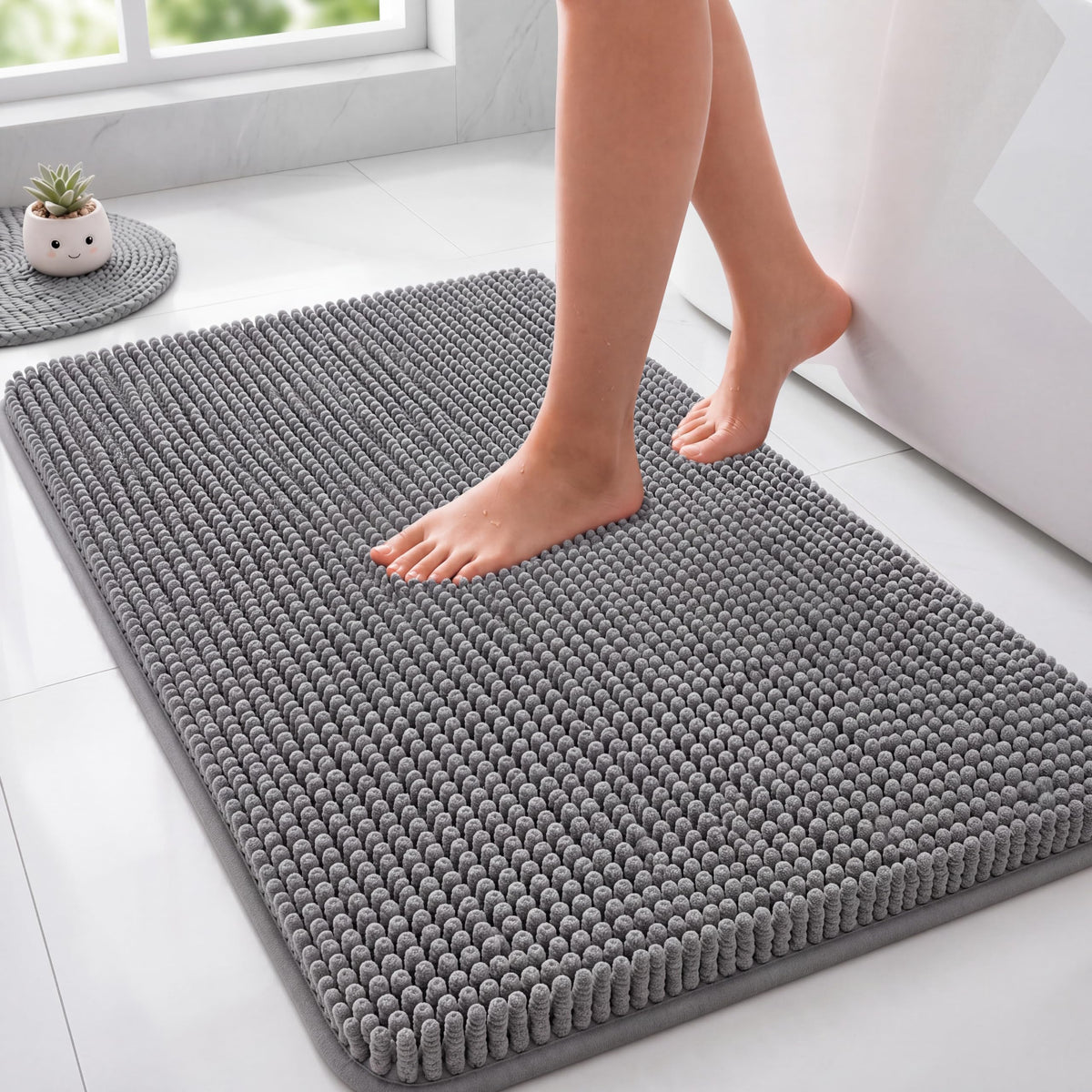 Chenille Bath Rug Mat for Bathroom, 24x17 Inch, Grey