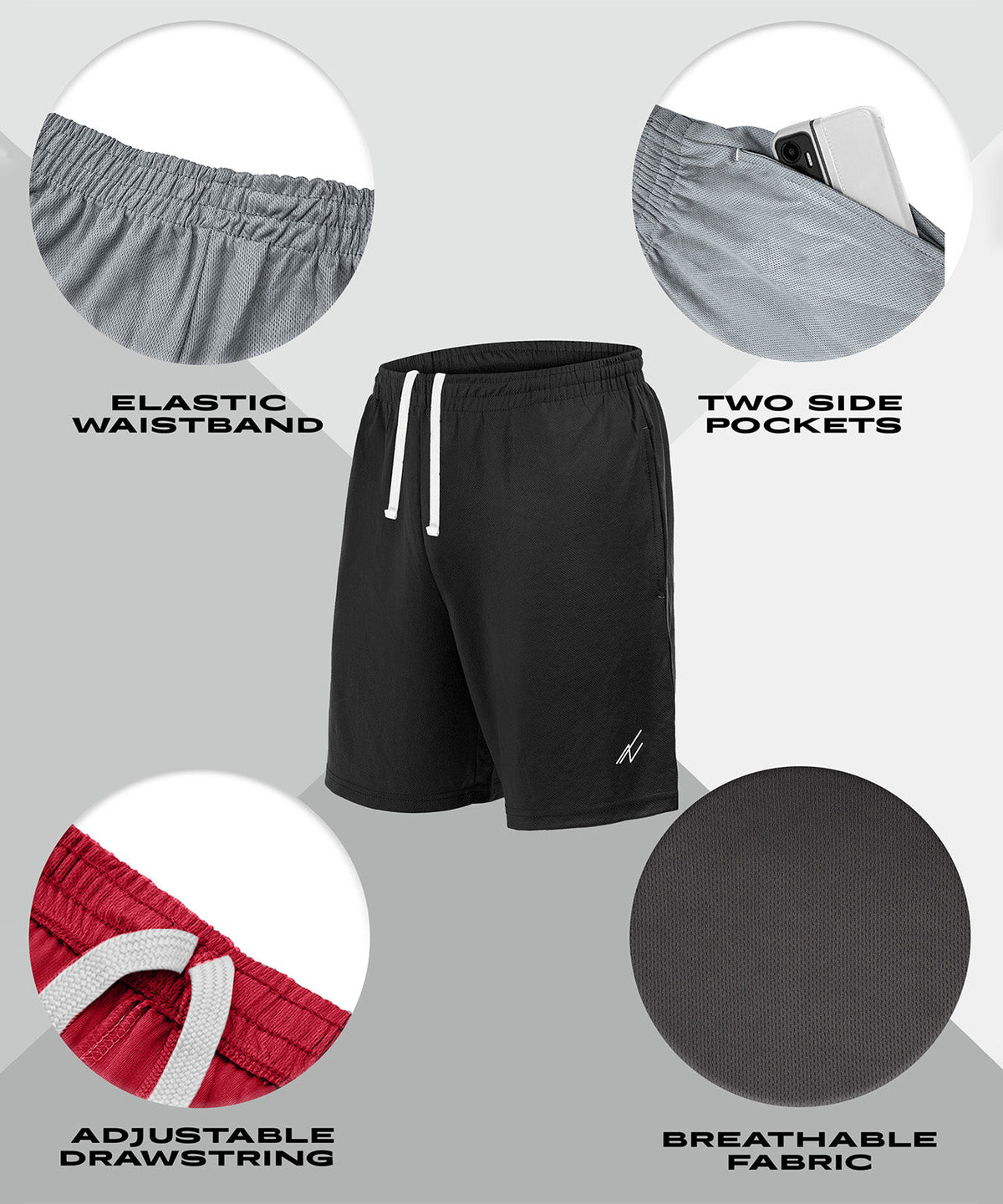 Black-Black-Medium Grey-Dark Grey-Red-pack of 5
