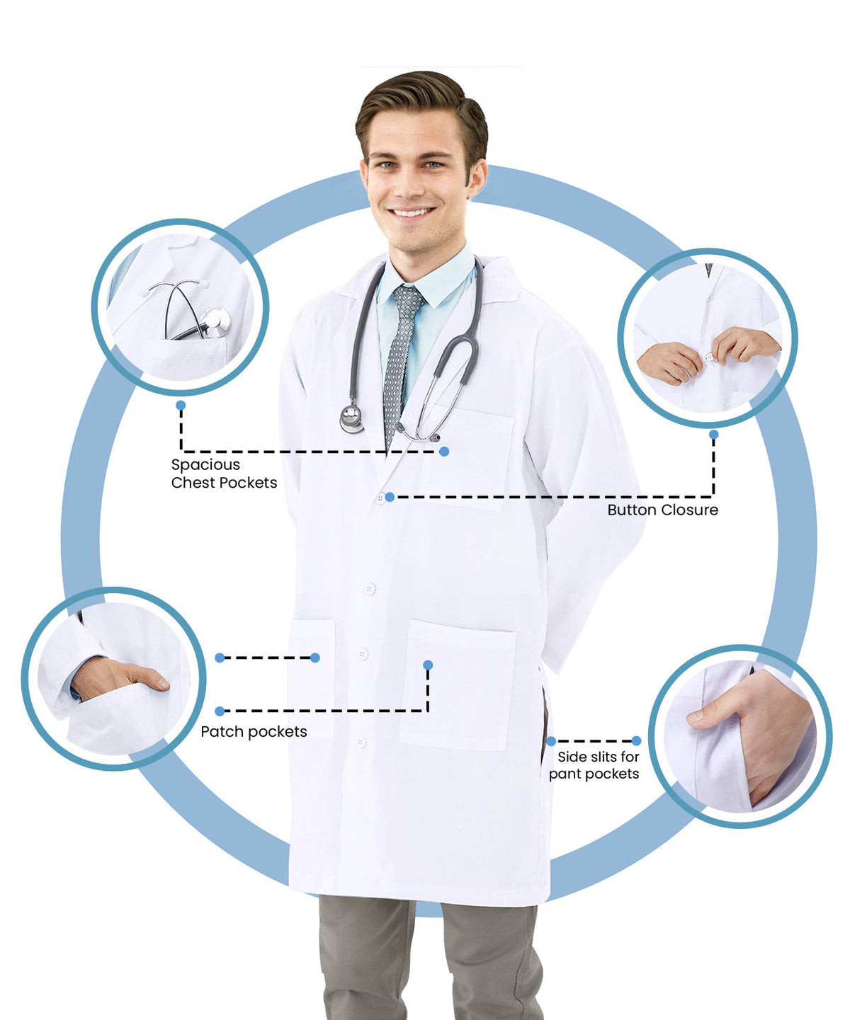 Men's Lab Coat with Side-Slit Access and 3 Pockets