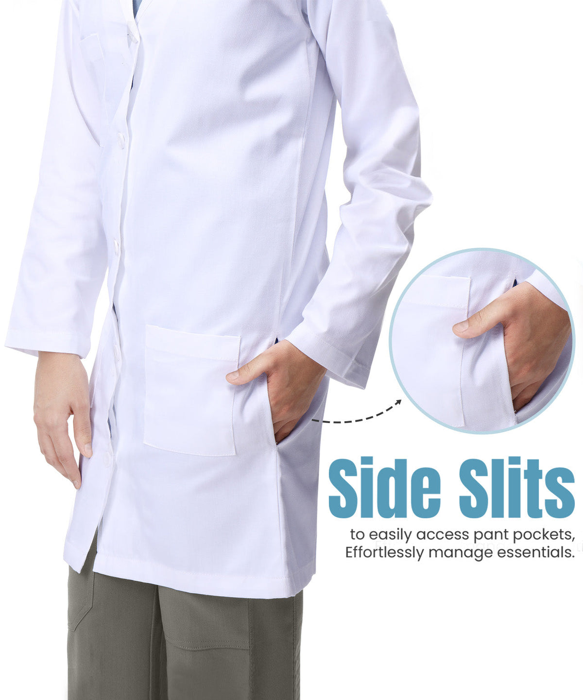 Men's Lab Coat with Side-Slit Access and 3 Pockets