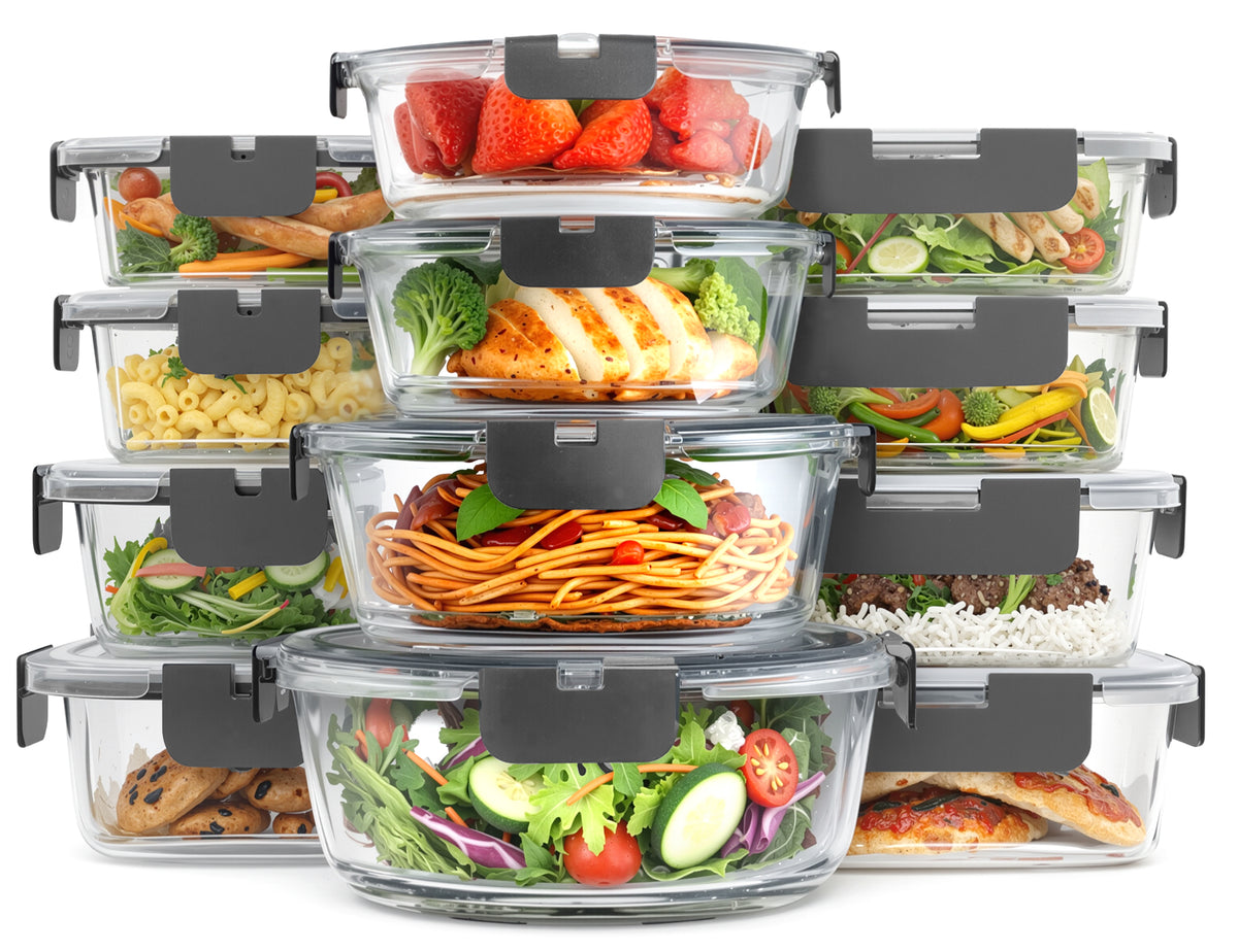 Glass Meal Prep Containers with Lids, 24 Pack - Grey