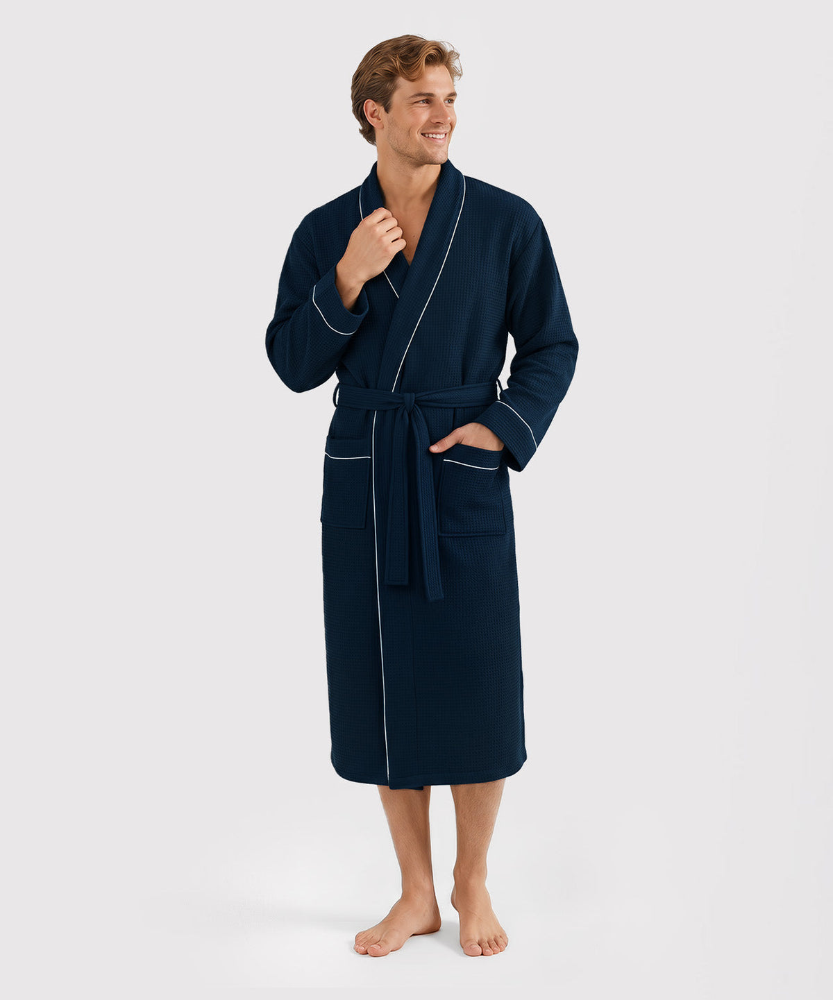 Cotton Rich Soft Men's Waffle Robe Lightweight Mid-Length Bathrobe