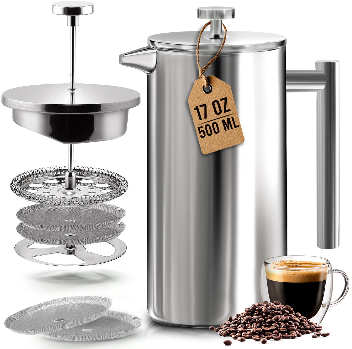 Stainless Steel French Press - 17 Oz / Silver