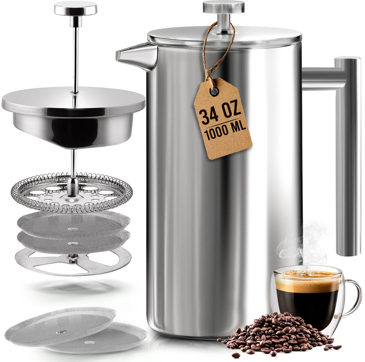 Stainless Steel French Press - 34 Oz / Silver