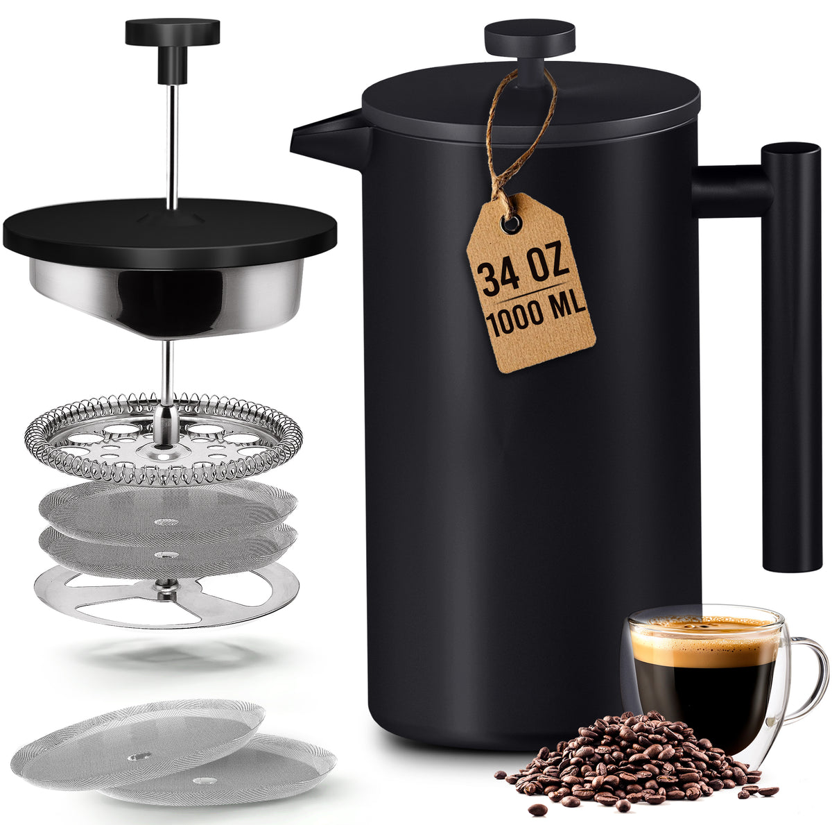 Stainless Steel French Press - 34 Oz / Black