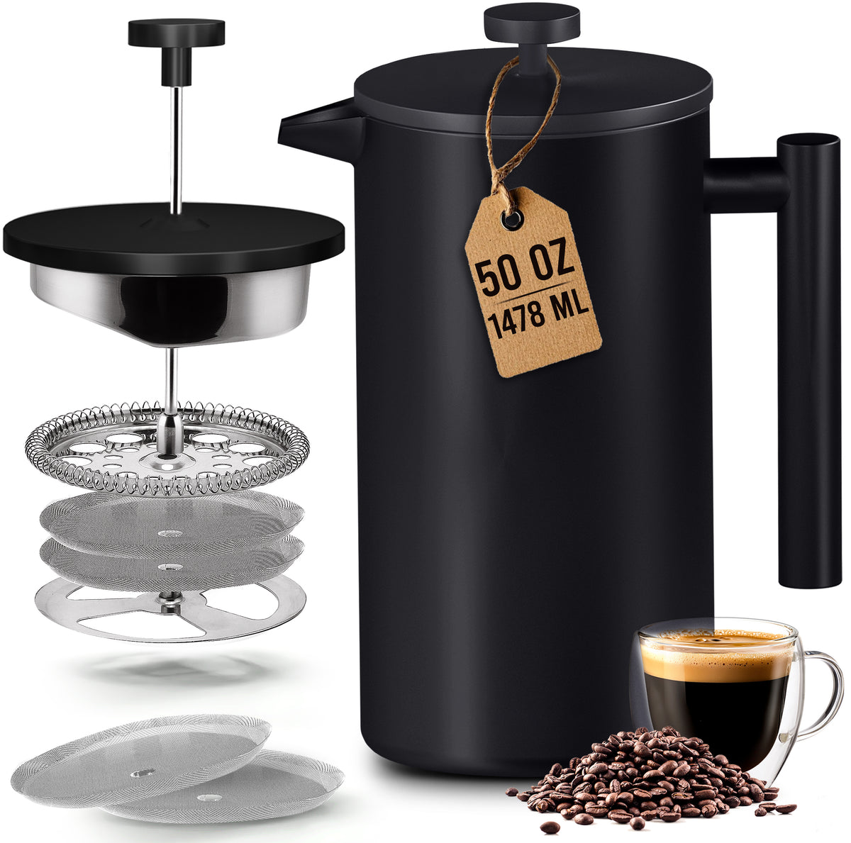 Stainless Steel French Press - 50 Oz / Black